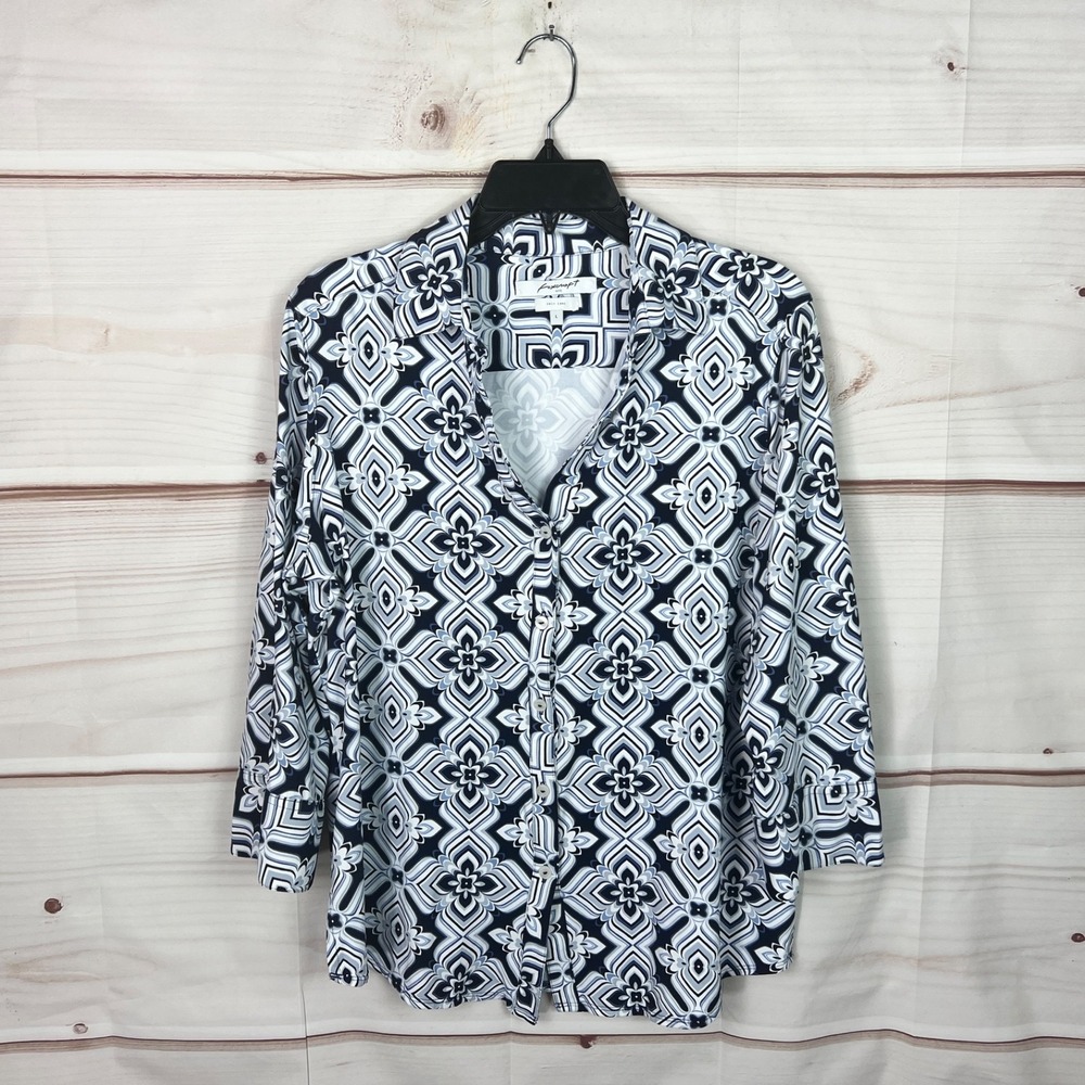 Foxcroft Top Womens Large Blue Geometric Shirt Easy Care Knit Button Up Stretch